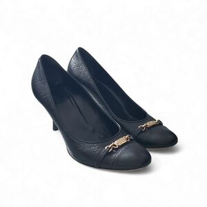 Gucci Black Leather Monogram 'Guccissima' Heels w Gold + Velvet Dustbag + Box